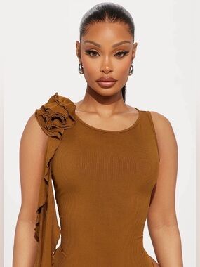 One-Shoulder Olive Green Bodysuit with Ruffle Flower Detail Size XS- never worn!
